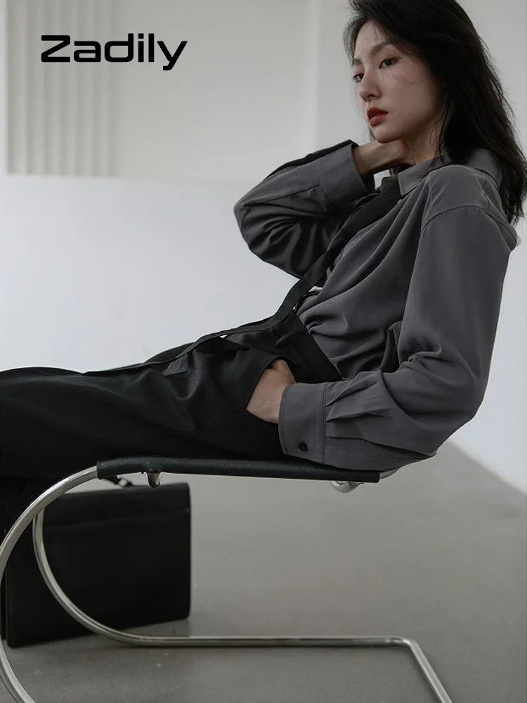 2025 Summer Minimalist Long Sleeve Button Up Shirt Women Korean Style Solid Tie Oversize Shirts Blouse Loose Clothes Autumn Tops - Smarsty