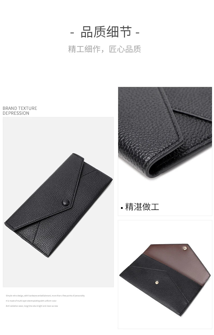 RFID Anti-Theft Purse for Women, Lychee Print, Soft Leather, Envelope Long Wallet, Ultra-thin, Portable, Simple Hand Bag