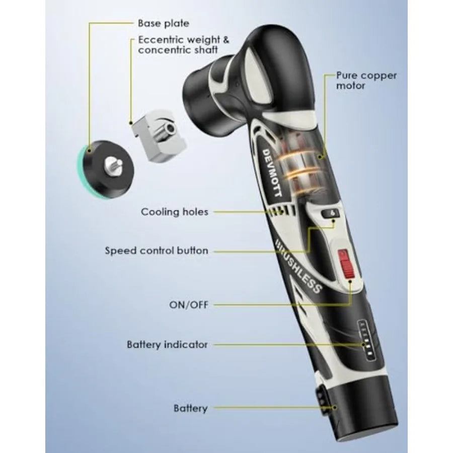 Cordless Mini Polisher 12V Brushless Motor with 2 x 2.5Ah Batteries 2000-5500 RPM Variable Speed for Car Waxing Polishing and S