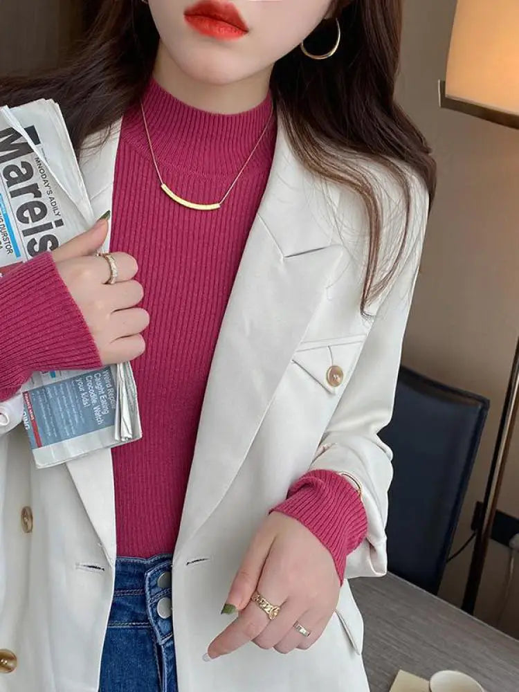 Autumn Winter Mock Neck Women Sweater Vintage Basic Solid Knitted Korean Tops Casual Slim Pullover Sweaters Simple Chic Jumpers - Smarsty