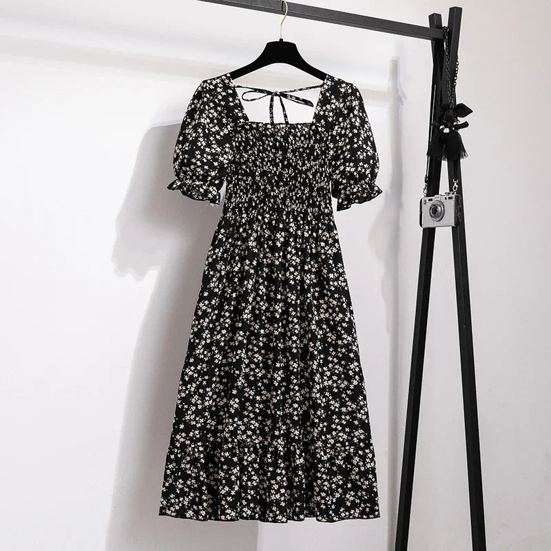 Spring Summer Chiffon Dresses Fashion Female Elastic Waist Short Sleeve Pleated Casual Dress Women A-line Dresses Vestidos - Smarsty