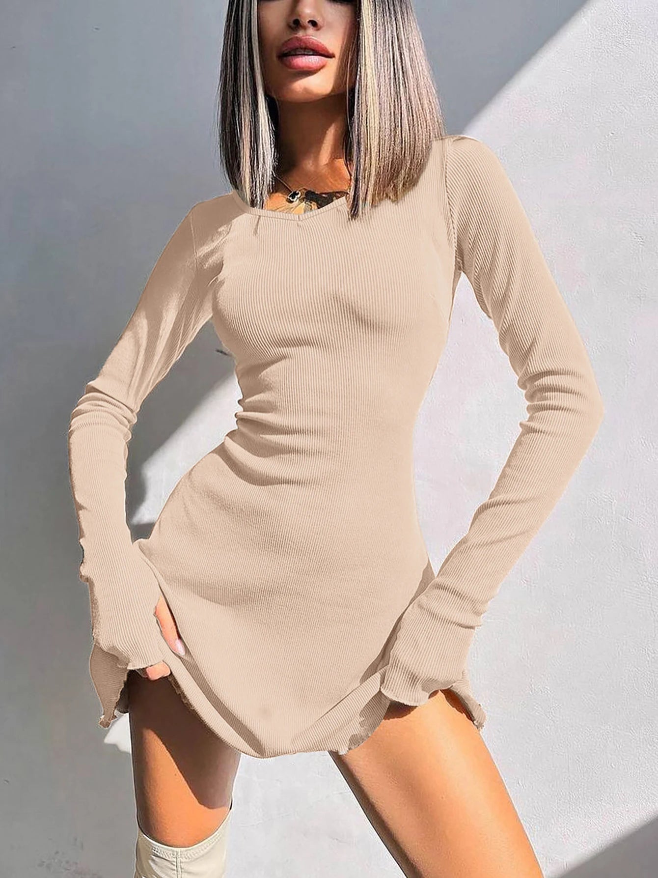 Dulzura Women 2024 Spring Autumn Fashion Long Sleeve Knitted Streetwear Bodycon Short Mini Dress Wholesale Items For Business - Smarsty