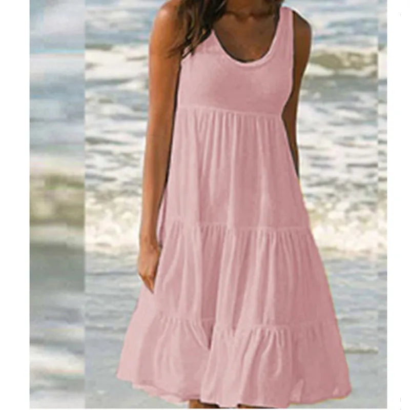 Bohemian Women's Casual O Neck Sleeveless Ruffle Mini Dress Solid Color Beach Tank Top Oversized Loose Dress Plus Size Women3029 - Smarsty