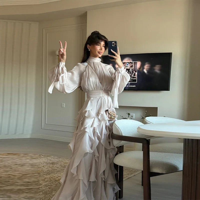 Shinny Ruffles Hem Maxi Dress A Line Long Sleeve Slim Fit Party Long Robes Lace Up Luxury Club Vestidos 2025 Lady Summer Gowns