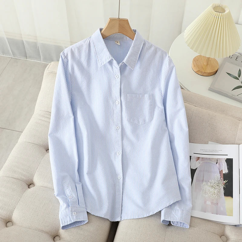 Casual Cotton Women's Oxford Shirt 2024 Autumn New Good Quality Woman Blouse and Tops Lady White Blue Striped Shirts Clothes - Smarsty