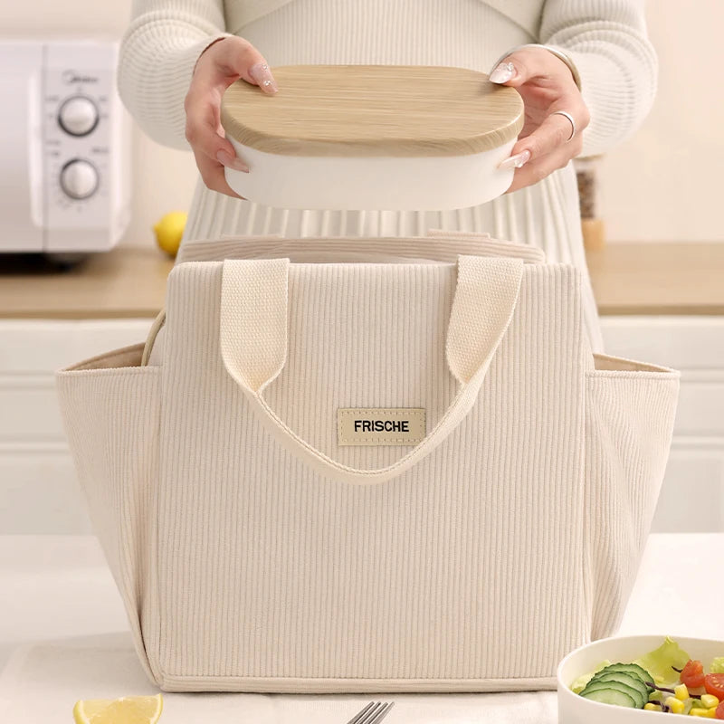 Corduroy Lunch Bag With Thermal Insulation Cooler Pack - Smarsty