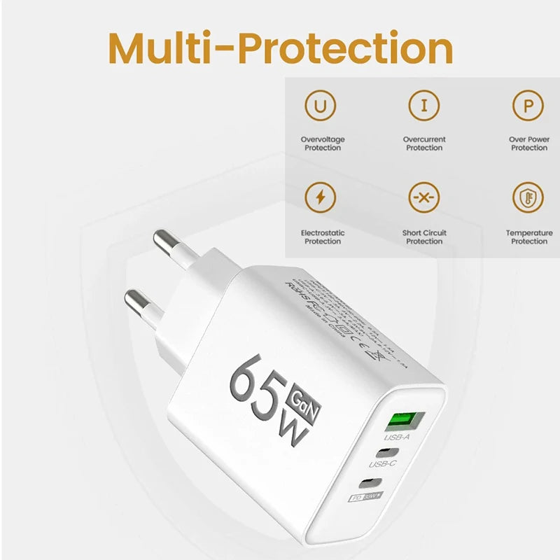 GaN Fast Charging 65W USB Type C Charger EU KR PD 3.0 Quick Charge Wall For Phone Adapter For iPhone 15 Xiaomi Huawei Samsung - Smarsty