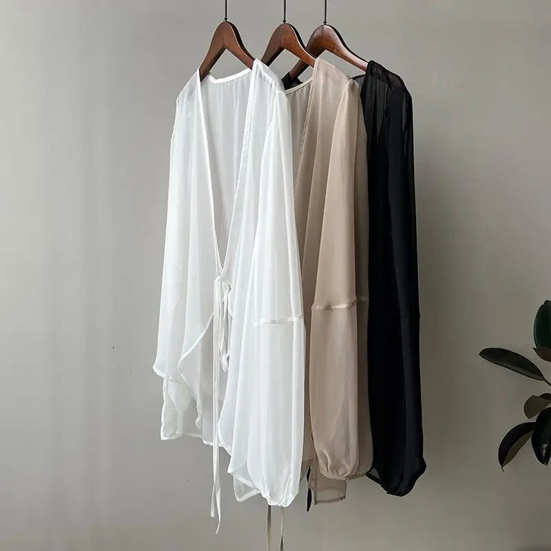 Shirts Women V-neck Loose Long Sleeve Open Stitch Korean Style Lace-up Simple Solid Summer Chiffon Breathable Minimalist Stylish - Smarsty