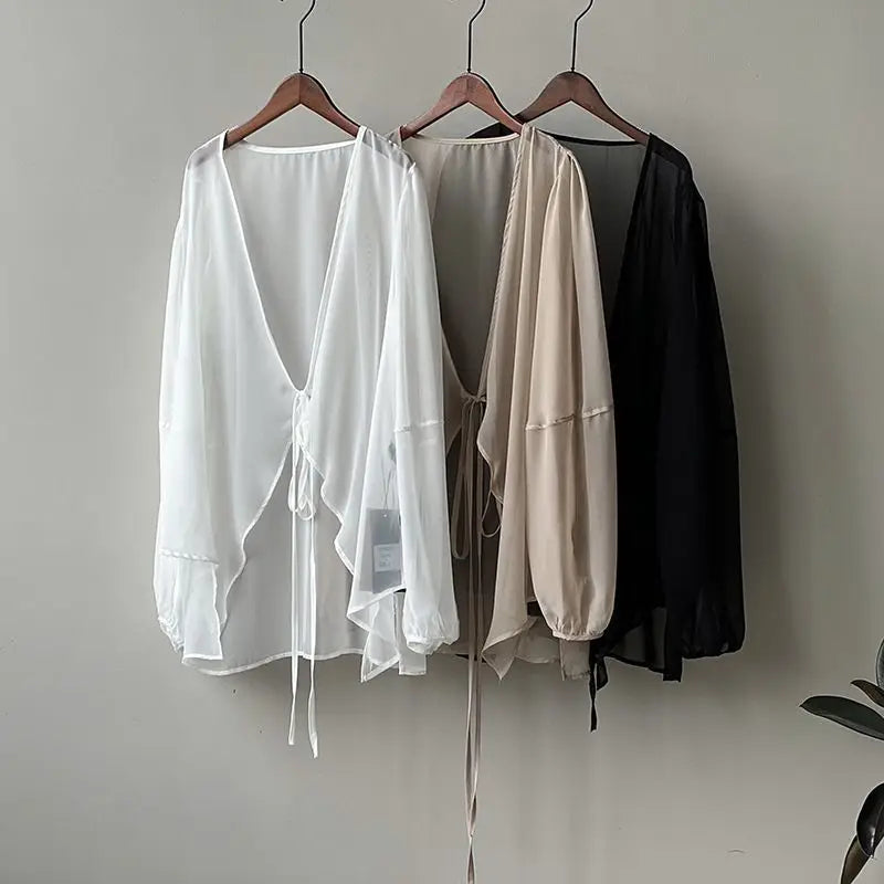 Shirts Women V-neck Loose Long Sleeve Open Stitch Korean Style Lace-up Simple Solid Summer Chiffon Breathable Minimalist Stylish - Smarsty