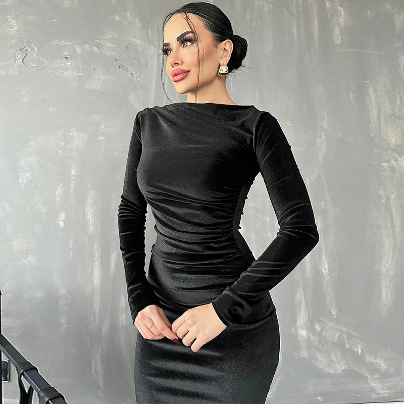 Dulzura 2024 Spring Summer Velvet Long Sleeve Midi Dress For Women Ruched Long Dress Elegant Party Clothes Evening Green Outfits - Smarsty