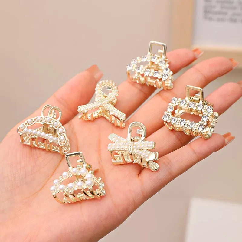 Mini Rhinestone Pearl Hair Claws For Women Sweet Geometric - Smarsty