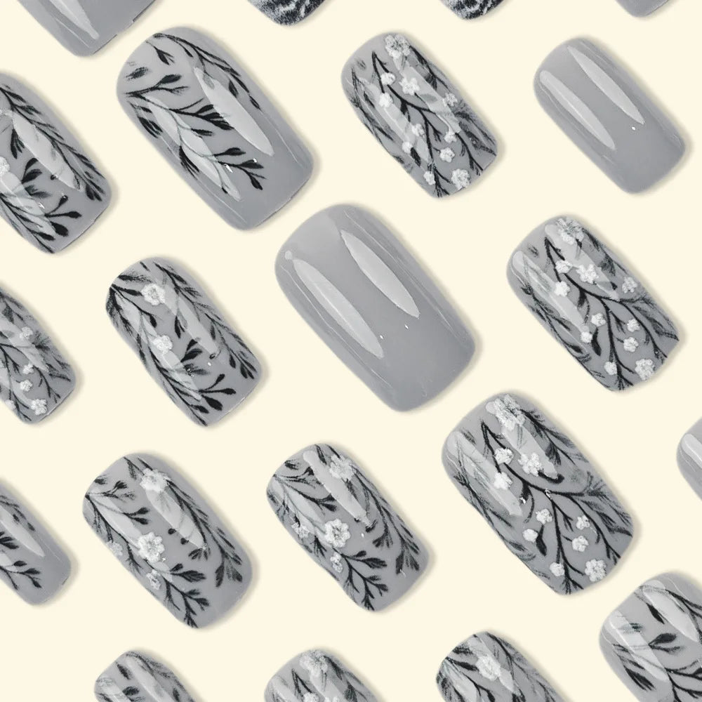 24 Piece Set Medium Long Press On Nails with Peach Flower Design - Smarsty