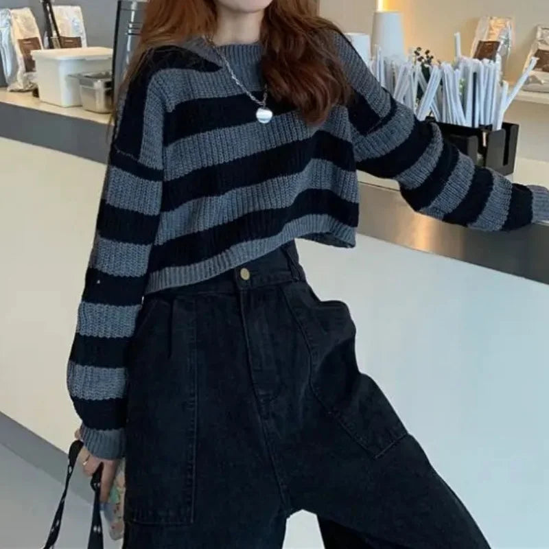 Korean Style Striped Cropped Sweater Women Vintage Oversize Knit Jumper Female Autumn Long Sleeve O-neck Pullovers Tops - Smarsty