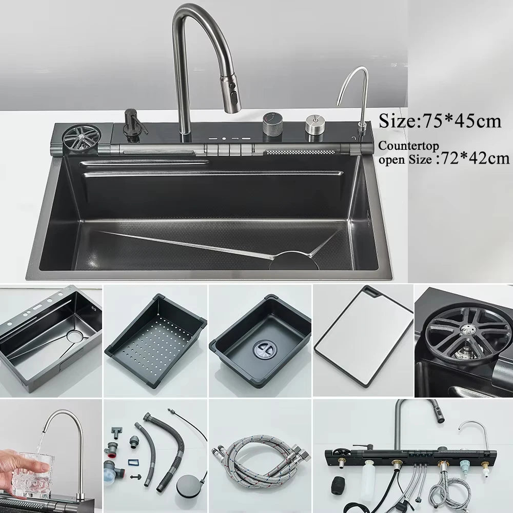 Large Stainless Steel Kitchen Sink with Digital Faucet Display - Smarsty