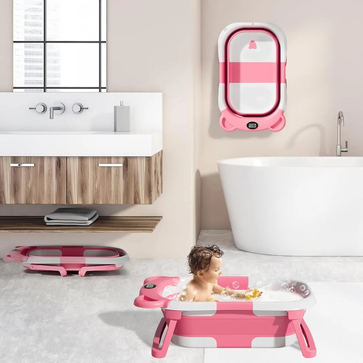 Portable Travel Bathtub, Collapsible Baby Bathtub, with Thermometer &1Soft Floating Cushion, with Drain Hole,For Baby 0-36 Month