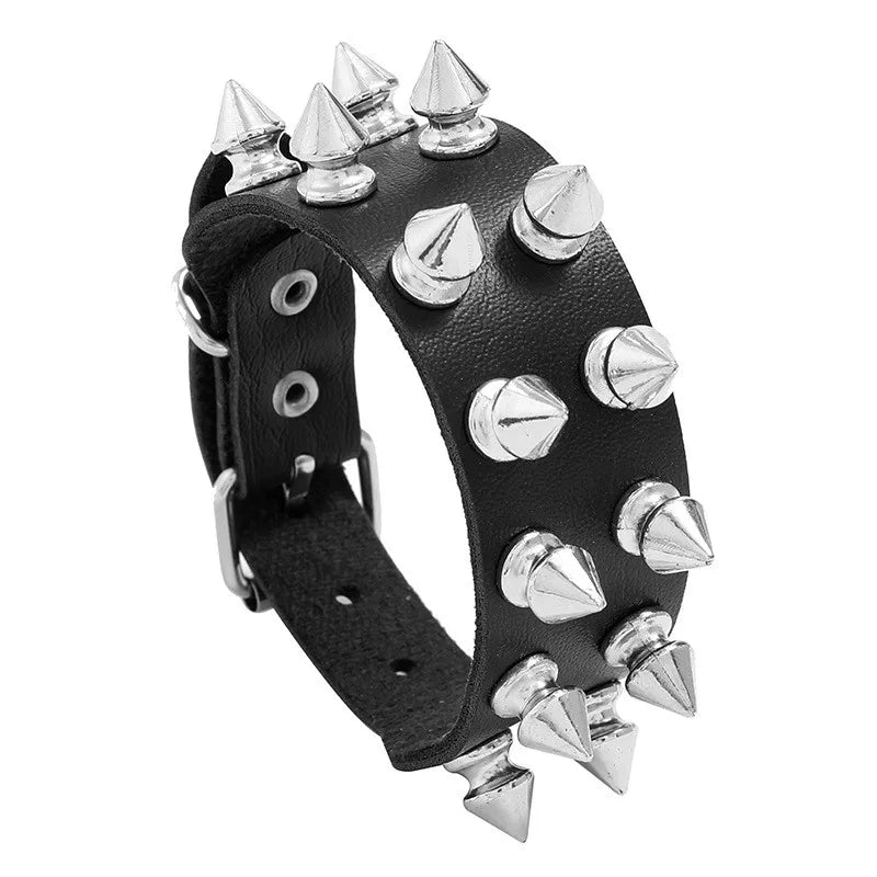 2024 Adjustable Black Pu Leather Spike Bracelet - Smarsty