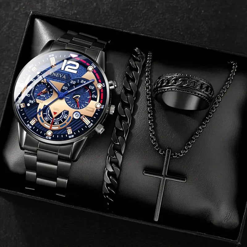 Gold Alloy Men's Quartz Watch and Cross Jewelry Set - Smarsty