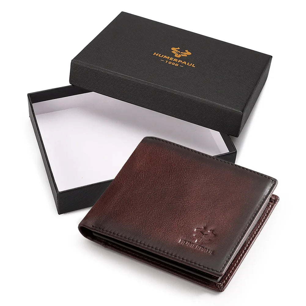 KAVIS Handmade Men's Wallet Genuine Leather RFID Card Holder with ID Window Large Capacity Male Storage Money Bag Fashion