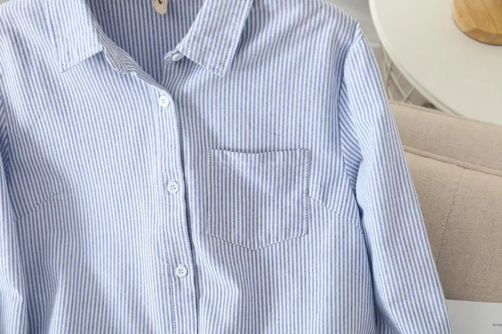 Casual Cotton Women's Oxford Shirt 2024 Autumn New Good Quality Woman Blouse and Tops Lady White Blue Striped Shirts Clothes - Smarsty