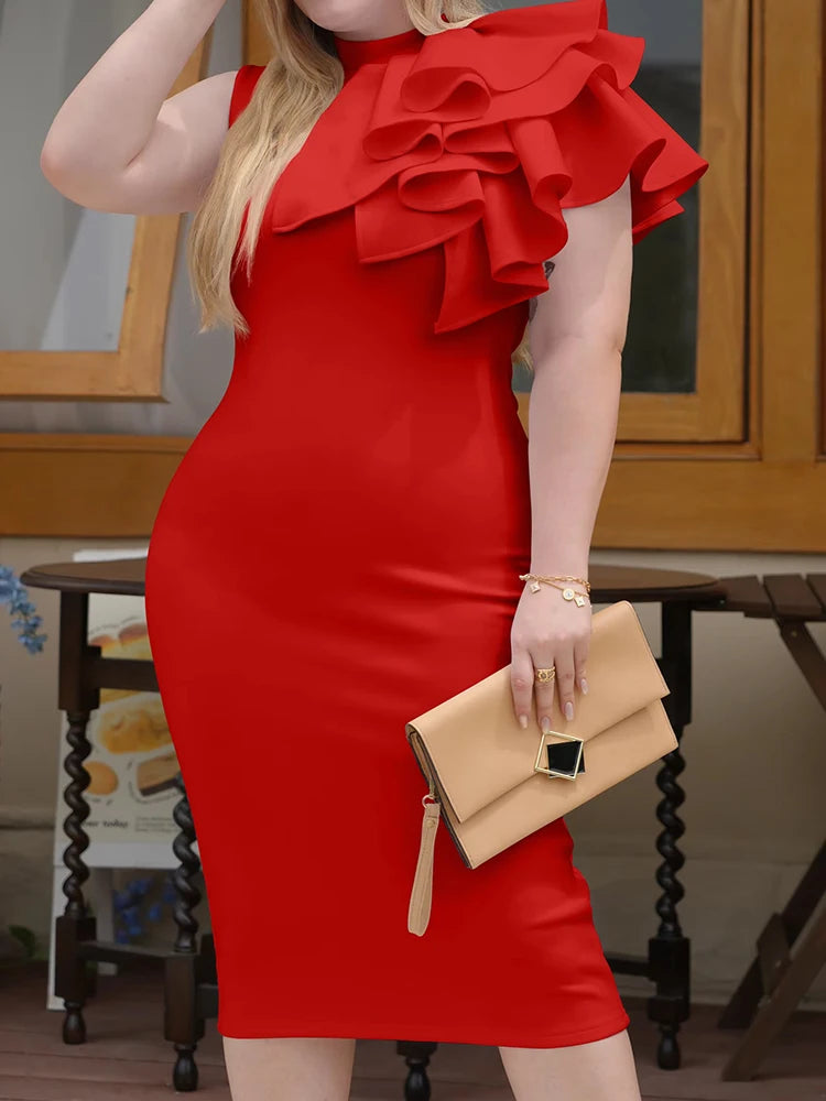 Summer Fashion Bodycon High Neck Sleeveless One Shoulder With Flower Ruffle Elegant Evening Dress - Smarsty