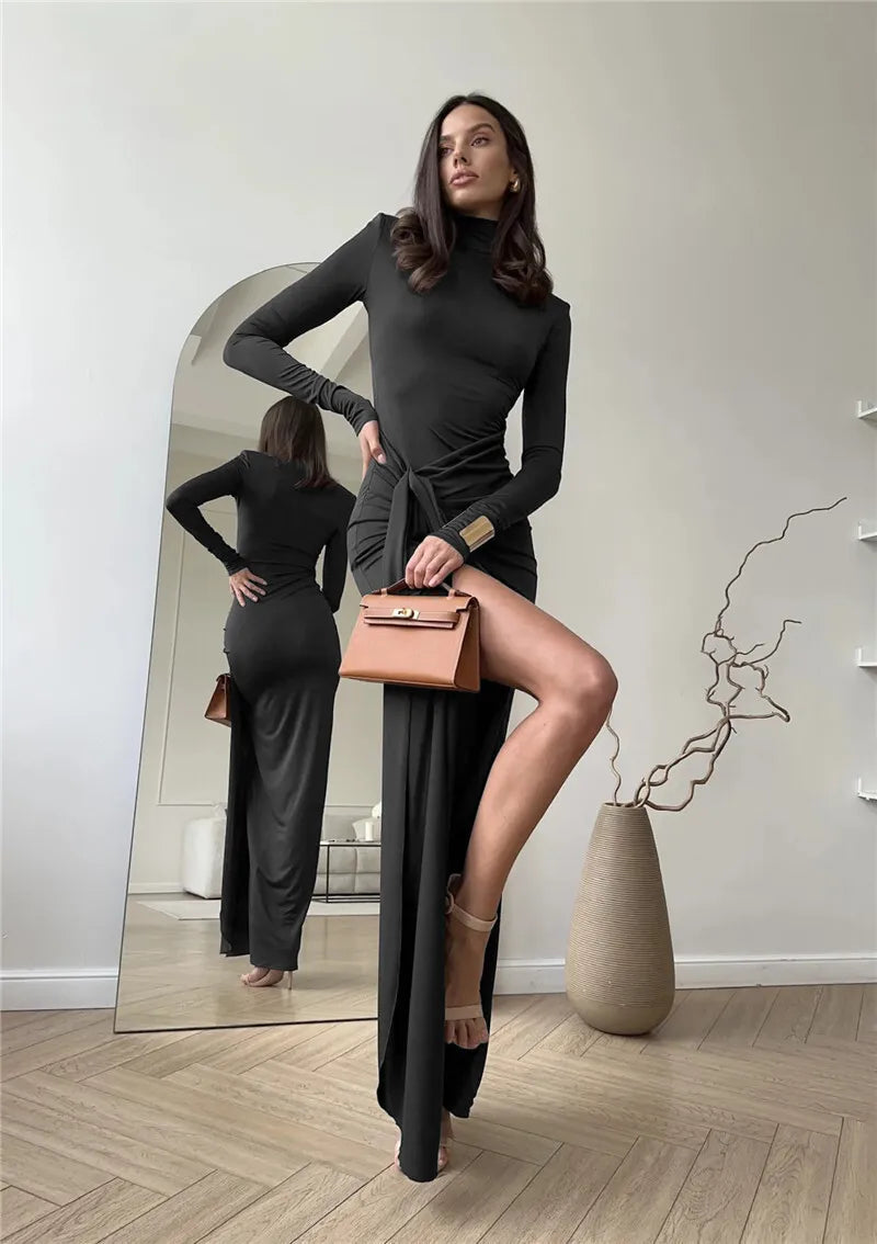 Mozision Turtleneck Thigh High Split Sexy Maxi Dress For Women Fashion Long Sleeve Draped Bandage Bodycon Club Long Dress - Smarsty
