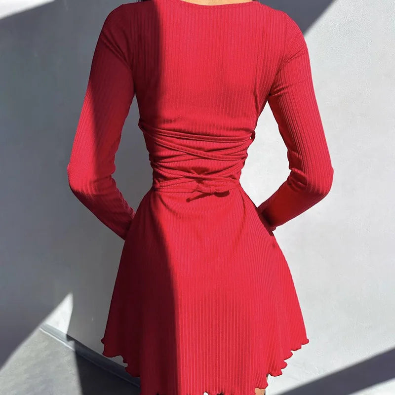 Dulzura Women 2024 Spring Autumn Fashion Long Sleeve Knitted Streetwear Bodycon Short Mini Dress Wholesale Items For Business - Smarsty