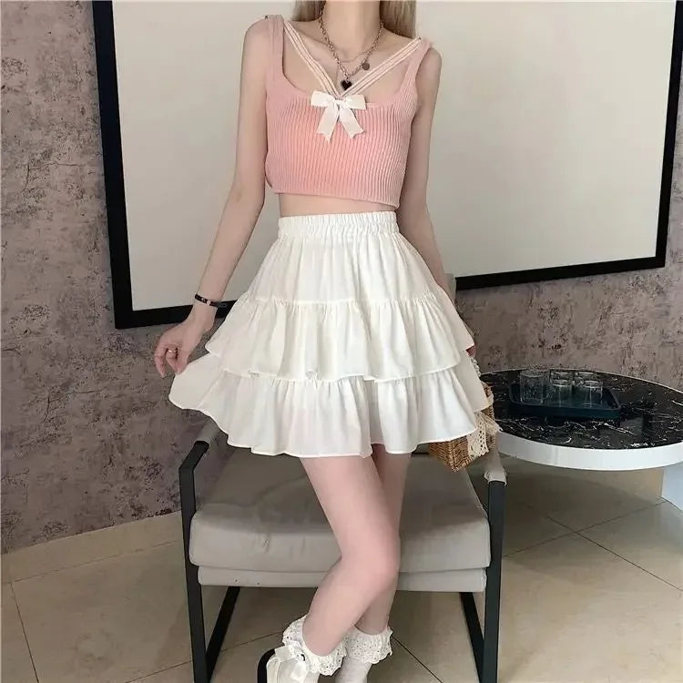 Pleated A-line Skirt White Women Ruffles Sweet Hottie Preppy Style Elastic Elastic Waist Slim Thin SimpleCasual Summer Wholesale - Smarsty