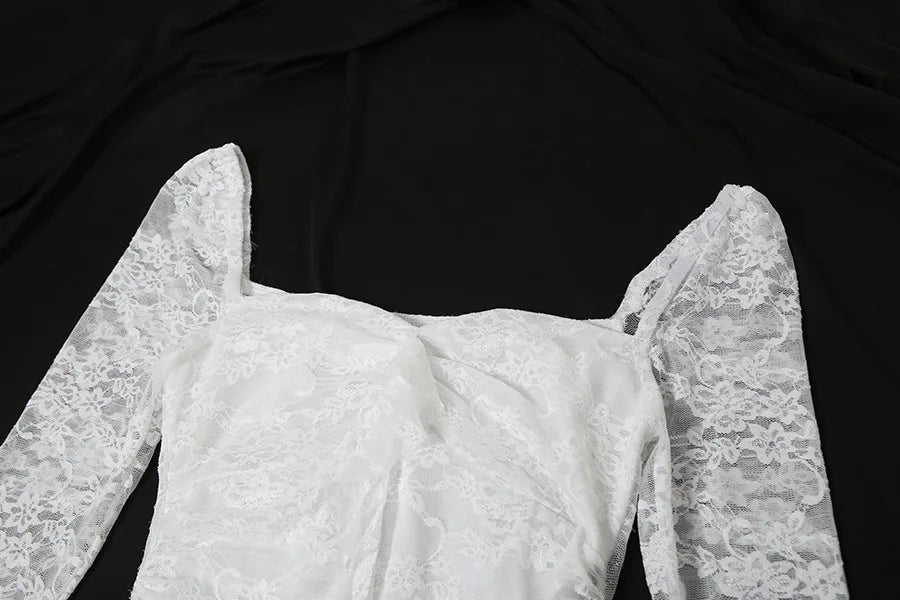 Goth Dark Fairycore Lace Flare Sleeve Square Neck A-line Dress Sweet E-girl Irregular Long Hem Dresses Cyber Y2K Party Vestido - Smarsty