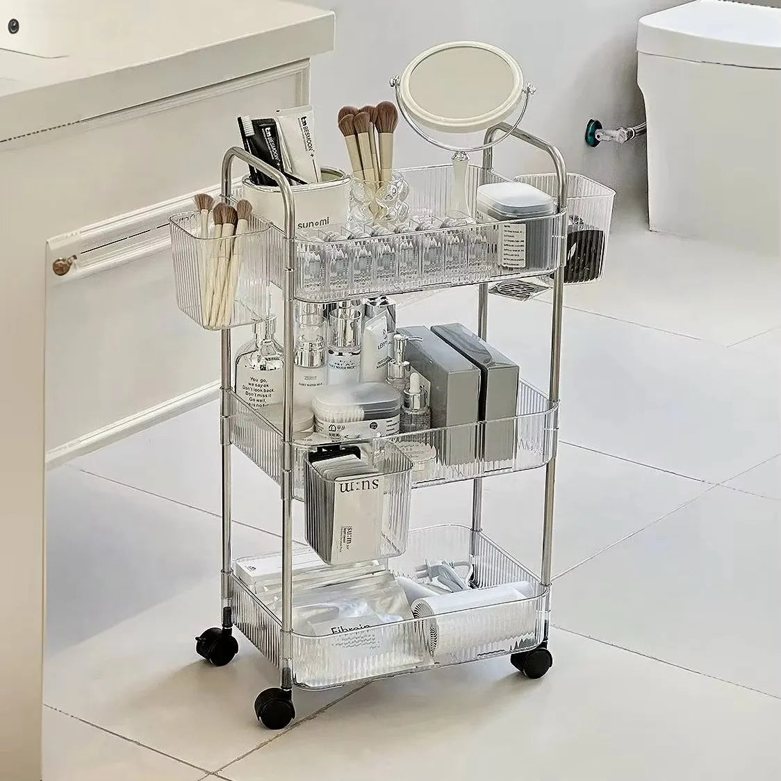 3/4 Layer Rolling Trolley Storage Rack Movable Trolley With Hanging Basket Bathroom Storage Makeup Snack Organizer Transparent