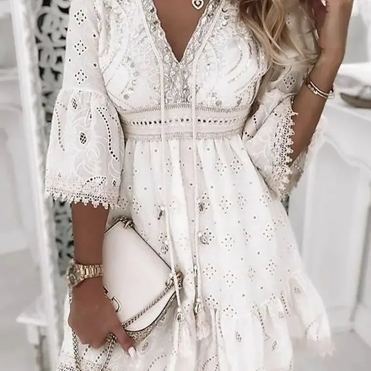 Hollow Out Summer Dress for Women Female V Neck Long Sleeve White Dresses Loose Solid Casual Women Beach Holiday Dress Vestidos - Smarsty