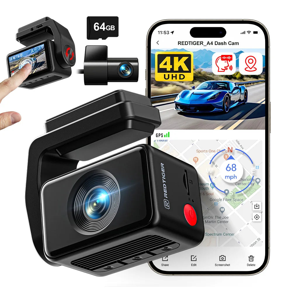 REDTIGER A4 4k Dash Cam Front and Rear Drive Recorder GPS& 5G WiFi Touch Screen Night Vision 24H Parking Mode Voice Control