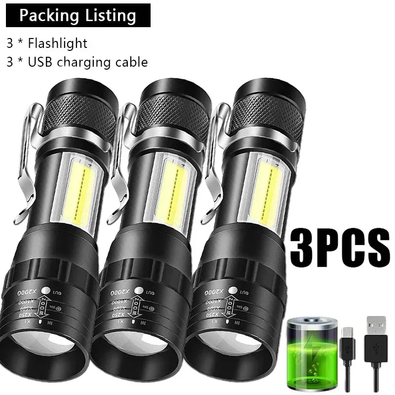 Portable Rechargeable LED Flashlight with Pen Clip Zoomable Waterproof Torch with Side Light Outdoor Camping Emergency Lantern - Smarsty