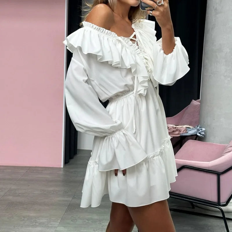 Talenza White Ruffle Bandage Mini Dress Women's Elegant Patchwork Long Sleeve Dress New Slim V Neck Lace Up Summer Mini Dress - Smarsty