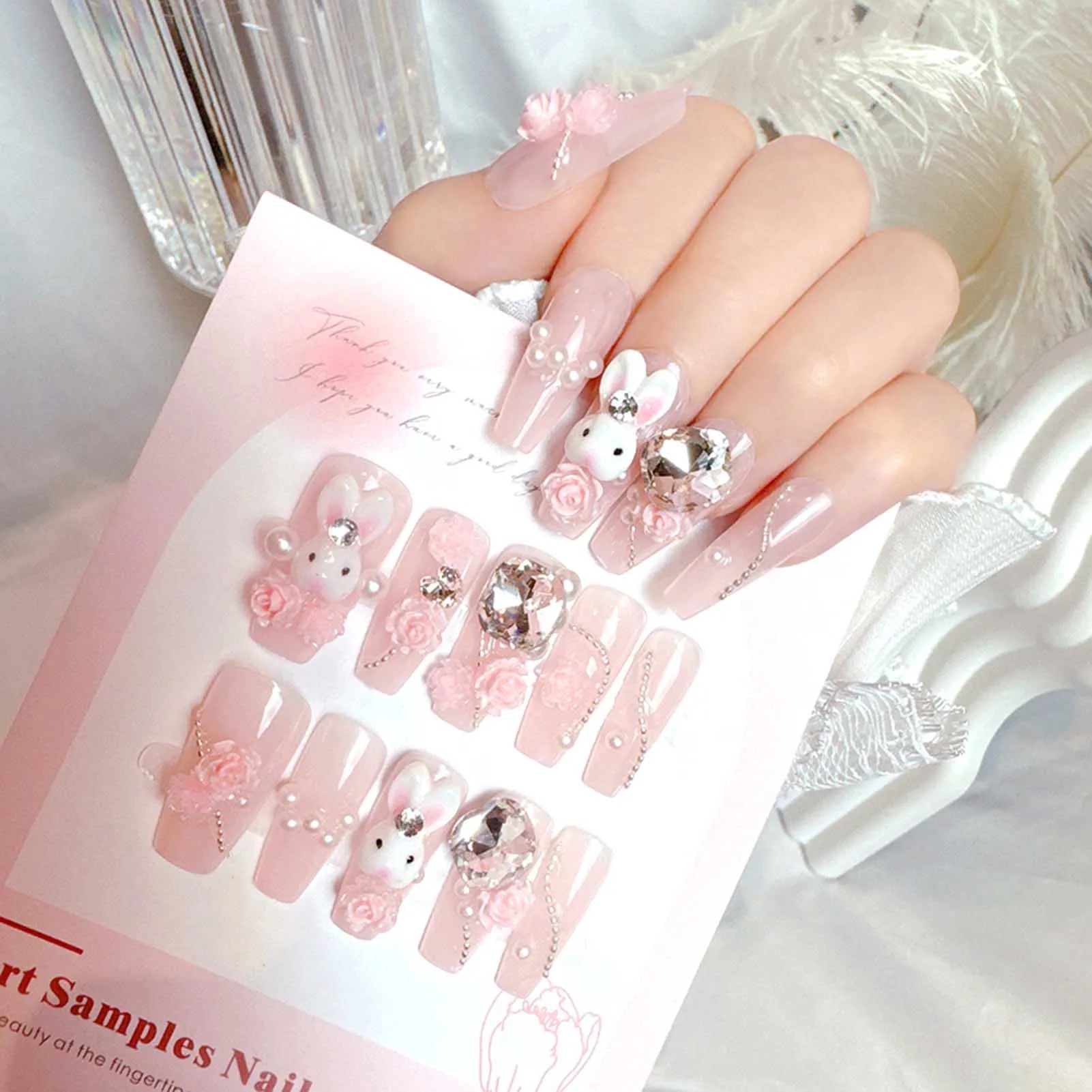 24pcs Pink Crystal Bow Press On Nails for Girls - Smarsty