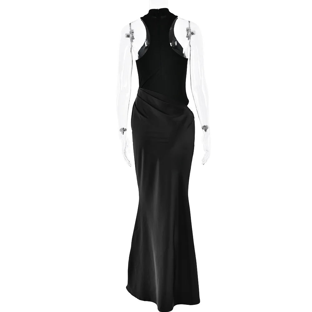 JULISSA MO Satin Sexy Hollow Out Women Maxi Dress Black Sleeveless High Waist Dress Female Autumn Skinny Elegant Party Clubwear - Smarsty