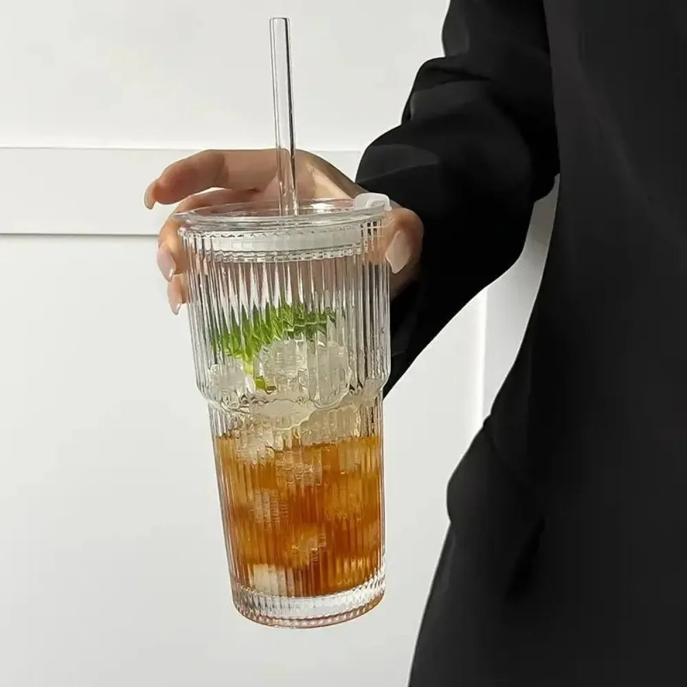 600ml Stripe Glass Cup with Lid and Straw - Smarsty