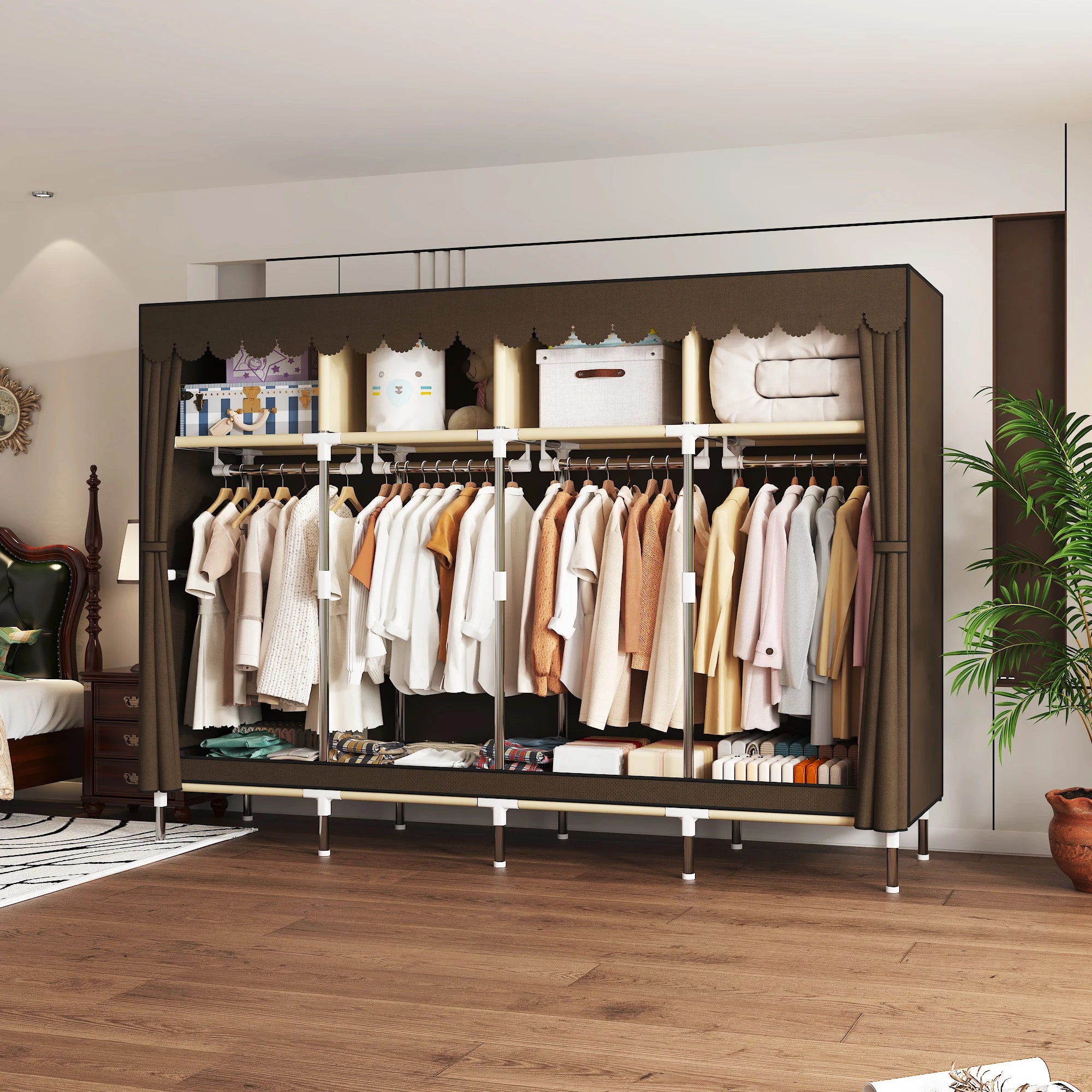 Heavy Duty Fabric Wardrobe 78.7x17.7x66.9in - 4 Hanging Rods & 4 Storage Spaces, 16mm Metal Frame with Thick Dust Cover