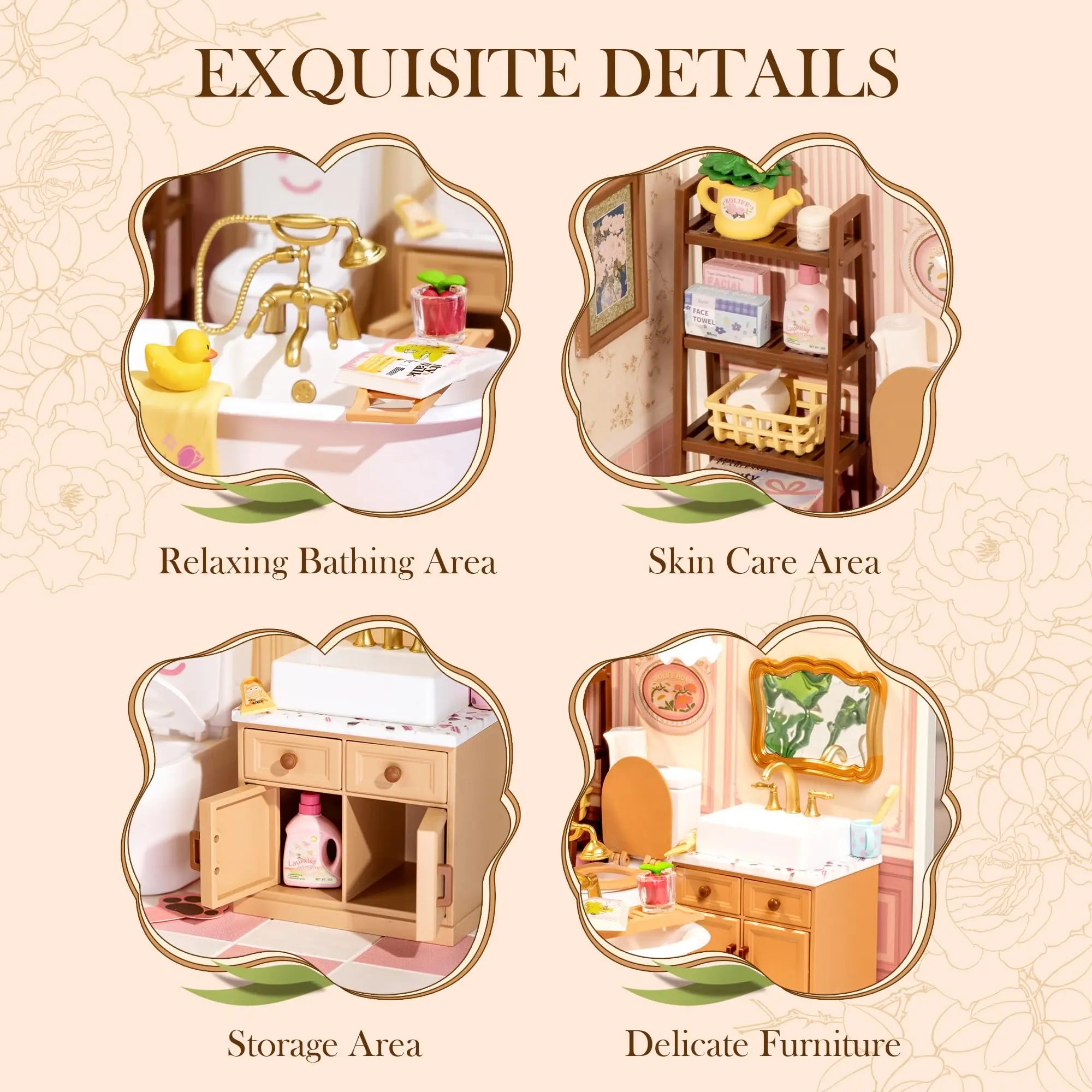 ROBOTIME DIY Miniature House Kit, Dollhouse Model Building Kit Birthday Creative Gifts for Adults, Kids (Pop Bubble Bathroom)