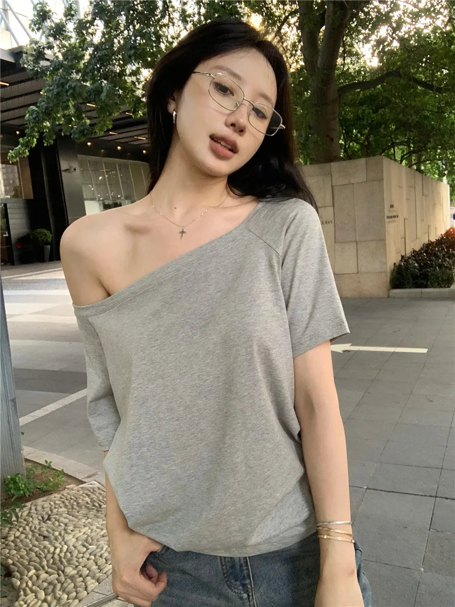Sexy Pullovers Women Off Shoulder Cropped Knitted Basic Clothes Autumn All-match Side Slit Simple Tender Slim Gentle Seductive - Smarsty