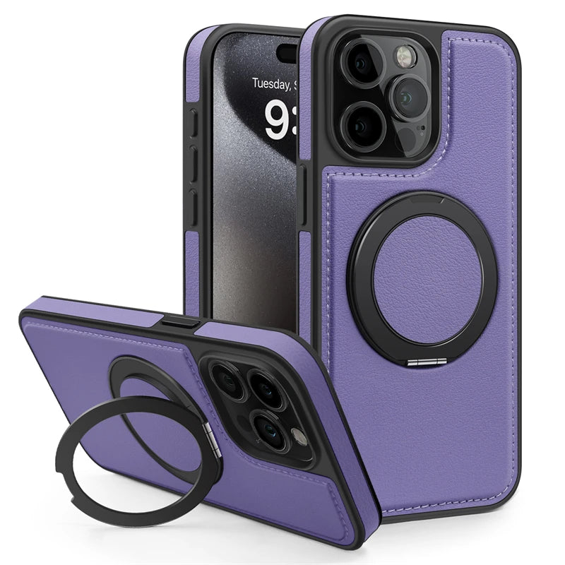 360 Rotating Metal Ring Stand Magnetic Leather Case for IPhone 17 Air 15 14 13 12 11 16 Pro Max Plus 15Pro Magsafe Holder Cover