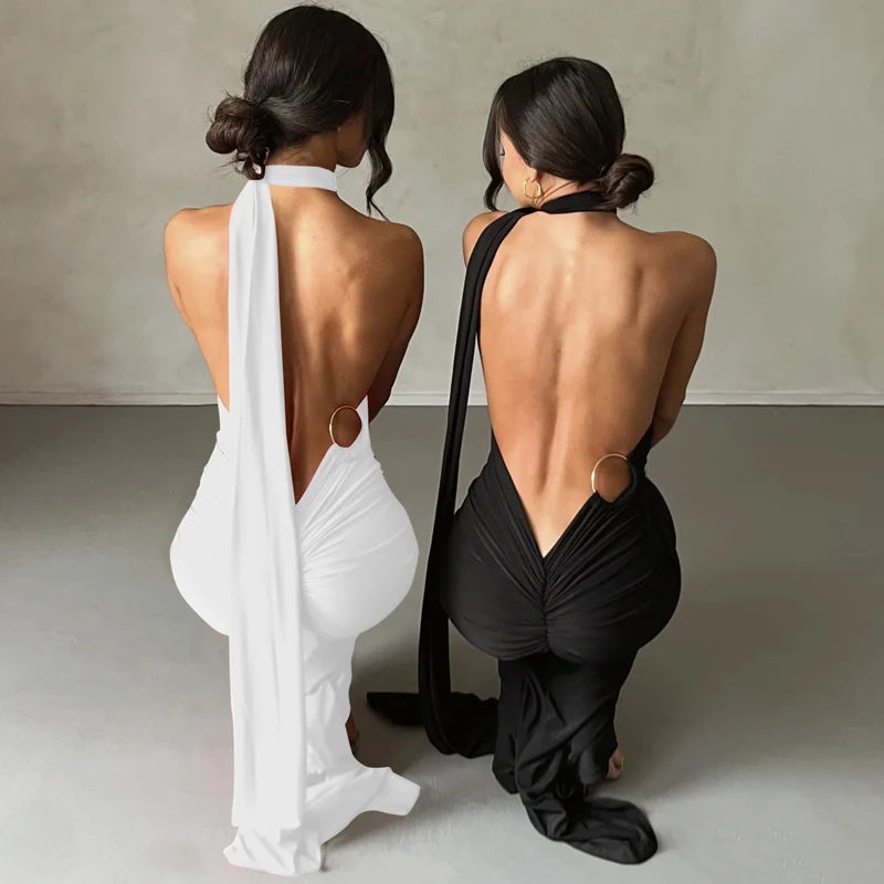Hugcitar One Shoulder Backless Adjustable Scarf Loop Ruched Sexy Maxi Dress Women Elegant Y2K Streetwear Festival Outfit - Smarsty