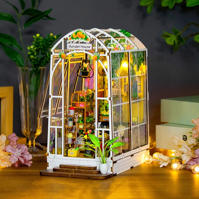 Wooden Flower Garden Doll House DIY Garden House Book Nook Shelf Insert 3D Puzzle Assembly Building Bookshelf With LED Lights