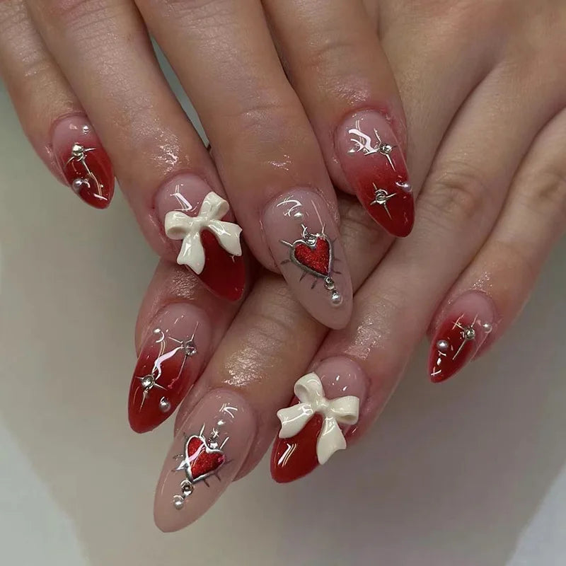 24Pcs French Fake Nails with Pink Bow Design - Smarsty