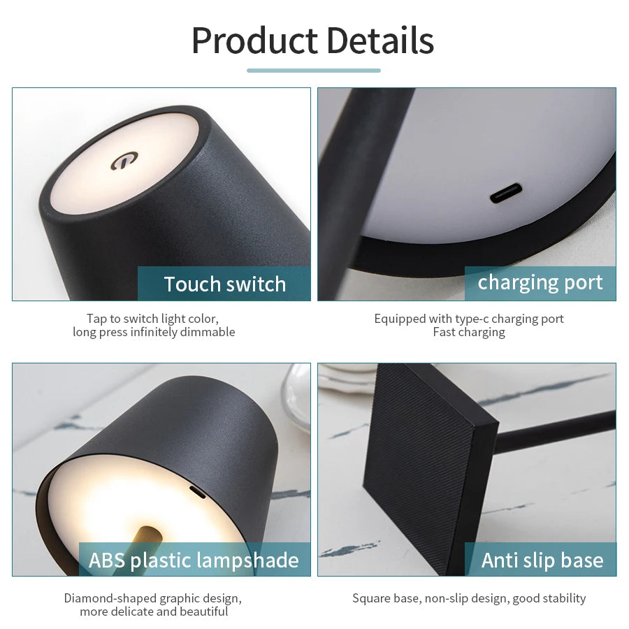 Rechargeable LED Table Lamp with Touch Control Dimmable Lighting - Smarsty