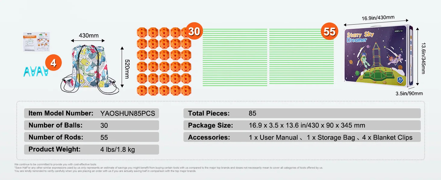 SucceBuy Fort Building Kit Construction Castle Tunnels Toys with 55 Rods 30 Balls Indoor Play Tent for Educational Gift Blocks