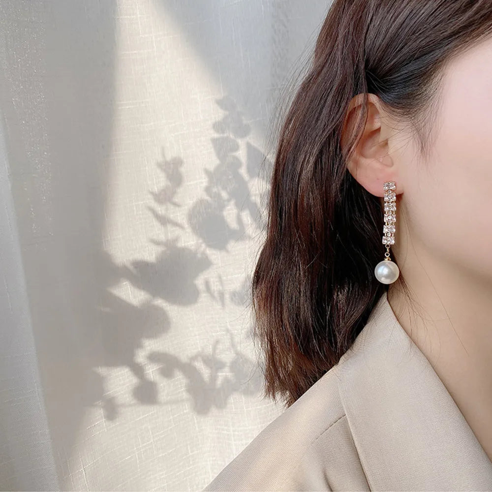 Pearl Long Earrings With Rhinestones For Wedding Fashion - Smarsty