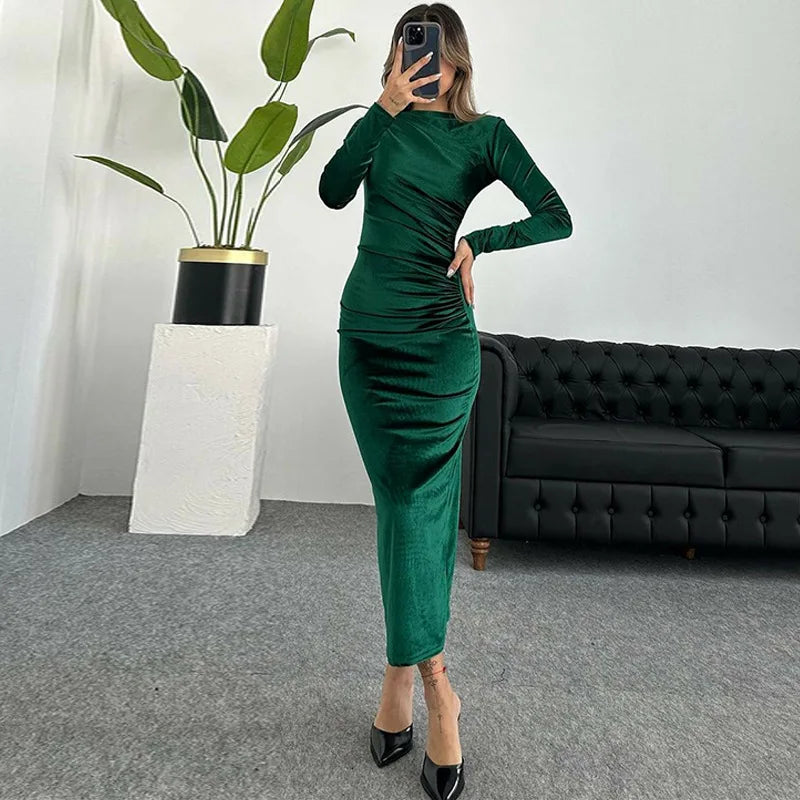 Dulzura 2024 Spring Summer Velvet Long Sleeve Midi Dress For Women Ruched Long Dress Elegant Party Clothes Evening Green Outfits - Smarsty