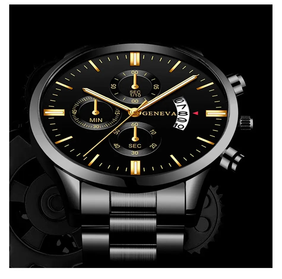 Luxury Black Stainless Steel Men's Watch with Calendar Feature - Smarsty
