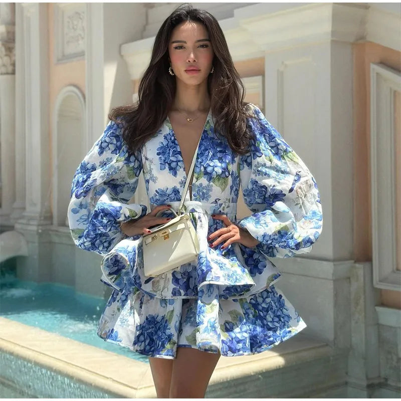 Backless Party Dress Women Elegant 3D Flower Print Sling Lace Up Ruffle A-line Mini Evening Dresses Female 2025 Summer Swimwears - Smarsty