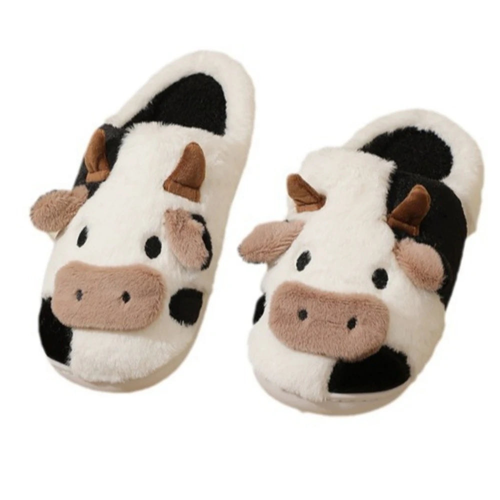 Winter Home Slippers for Couples Warm Plush Neutral Cartoon Cow Indoor Anti Slip Comfortable Cotton Slippers for Men and Women - Smarsty